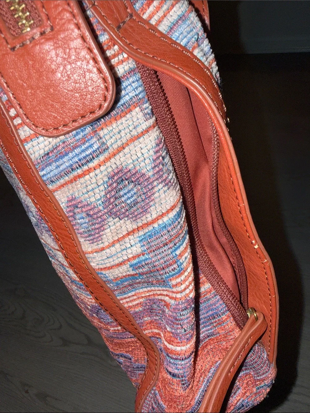 Woven Pattern Orange Multi Backpack with Faux Leather Trim